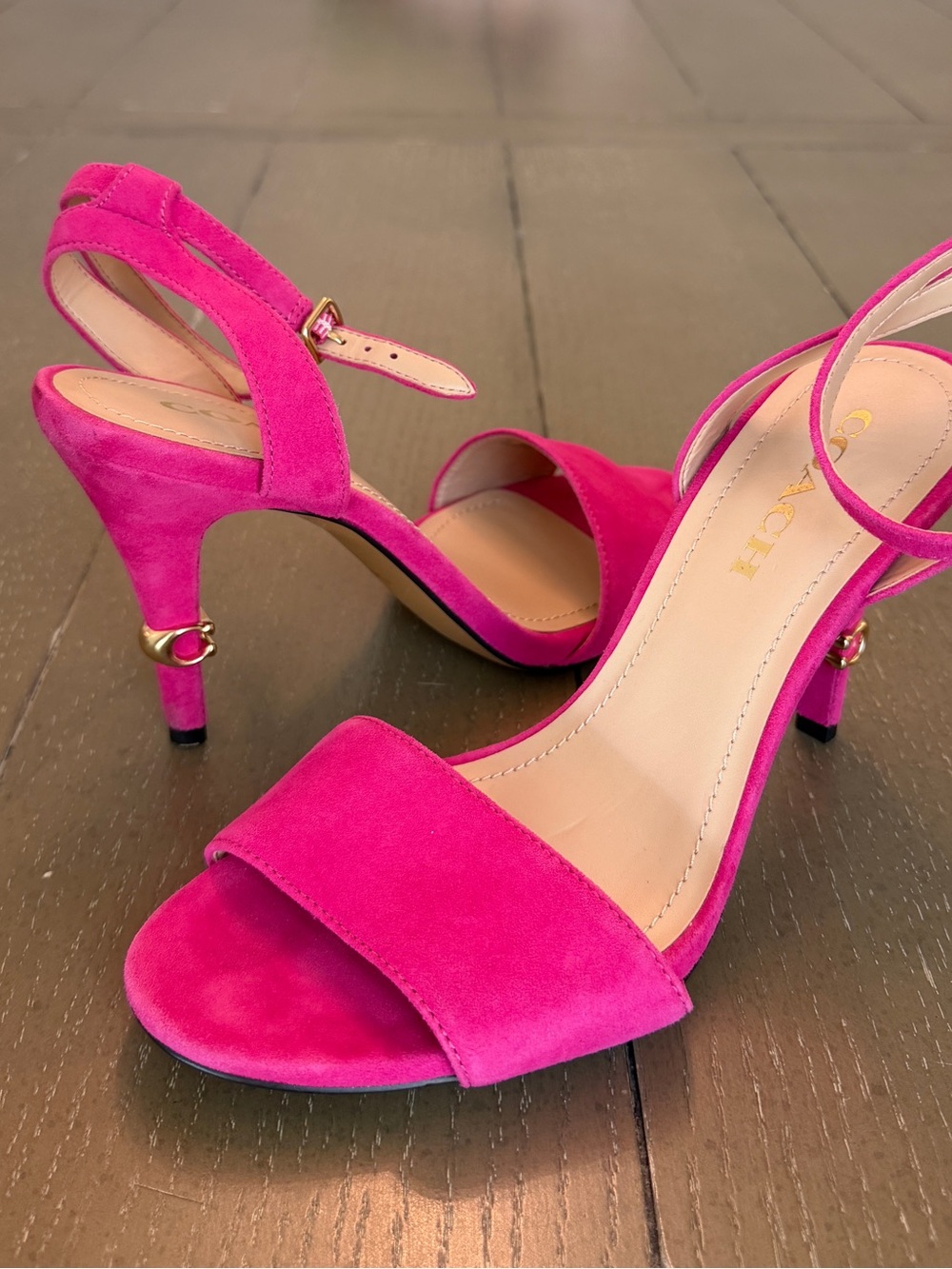 Coach Women’s Fushia Pink Suede & Gold Regina High Heels • Size 8.5